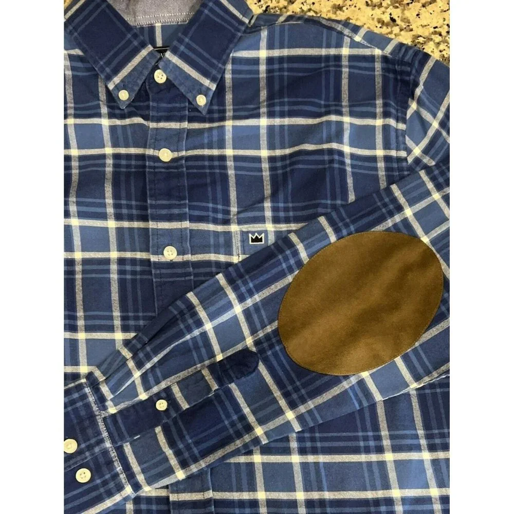Crown & Ivy Long Sleeve Button Flannel Shirt‎ Mens Blue Plaid Elbow Patch M